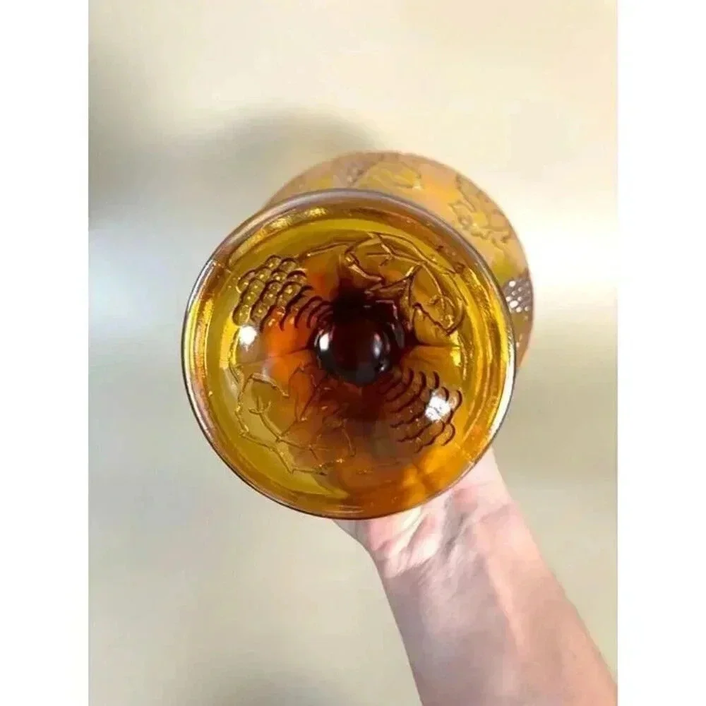 Vintage Amber Indiana Carnival Glass Iridescent Fruit Embellished Bowl